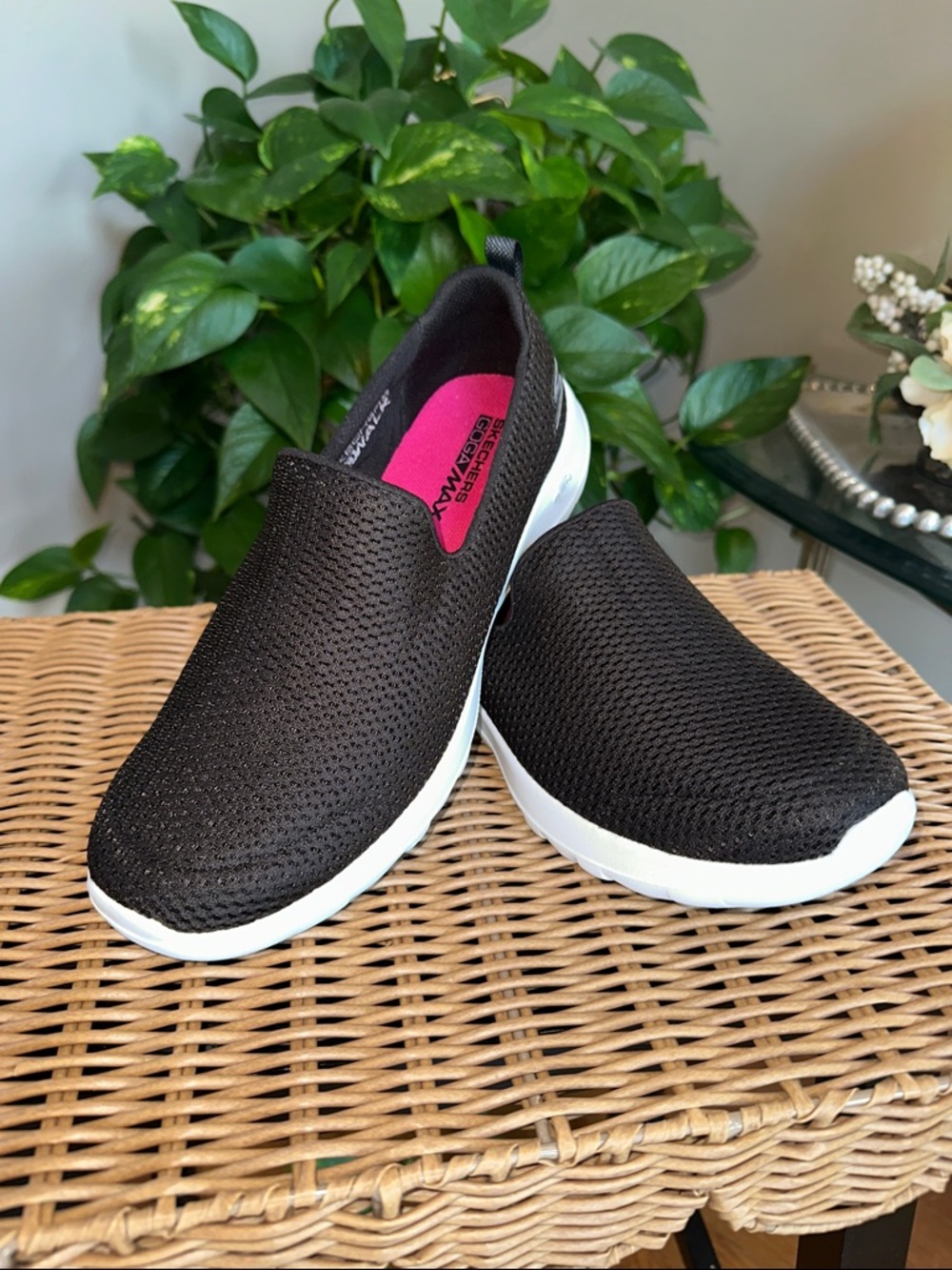 Skechers Women's Black Knit Slip-On Go Walk Sneakers with White Sole